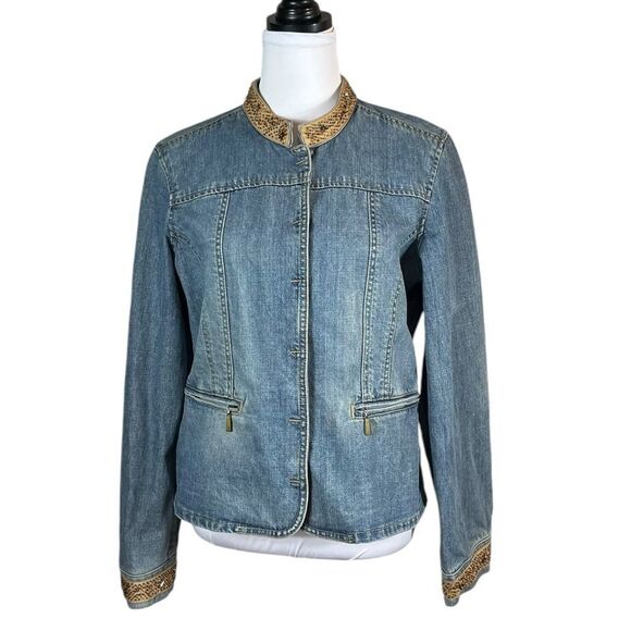 Liz Claiborne Denim Jacket with Tan Beaded Accents, Size L - Picture 1 of 10